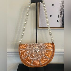 Vibrant Orange Beaded Shoulder Bag with Pearl Strap